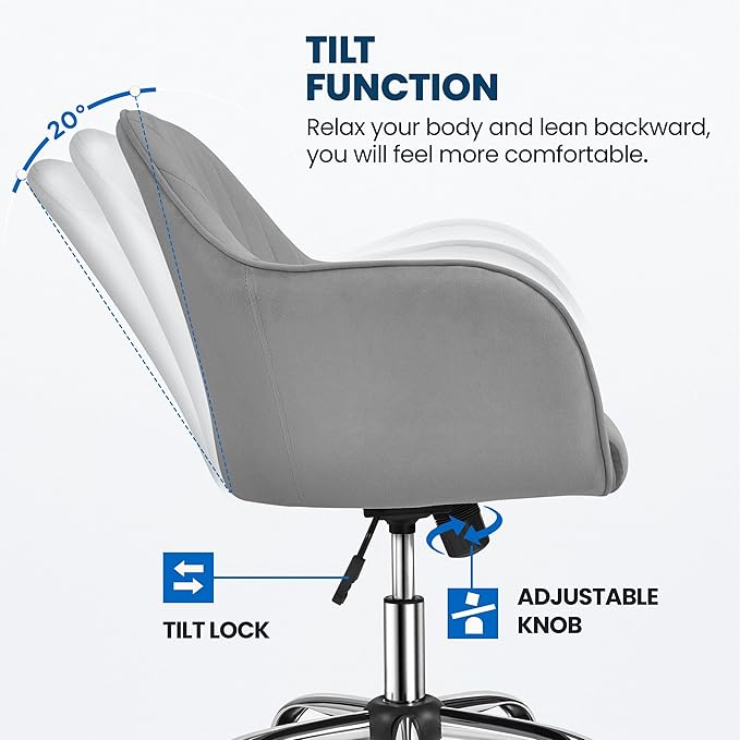 Yaheetech Modern Velvet Vanity Desk Chair Height-Adjustable Swivel Computer Armchair for Makeup Room Living Room Bedroom Light Gray