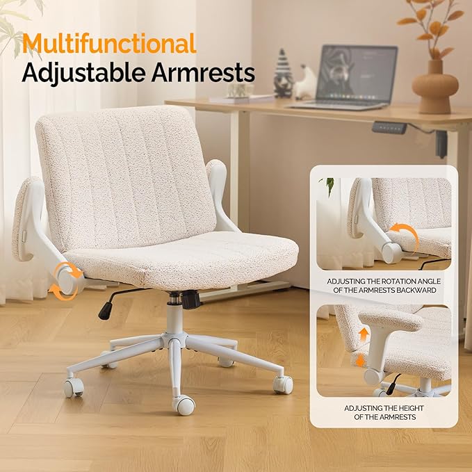 VINGLI Criss Cross Chair with Adjustable Flip-Up Arms,Cross Legged Chair with Wheels,Extra Wide Office Chair,Desk Chair for Home Office,Vanity,Bedroom, Apartment,Starry Chenille,White