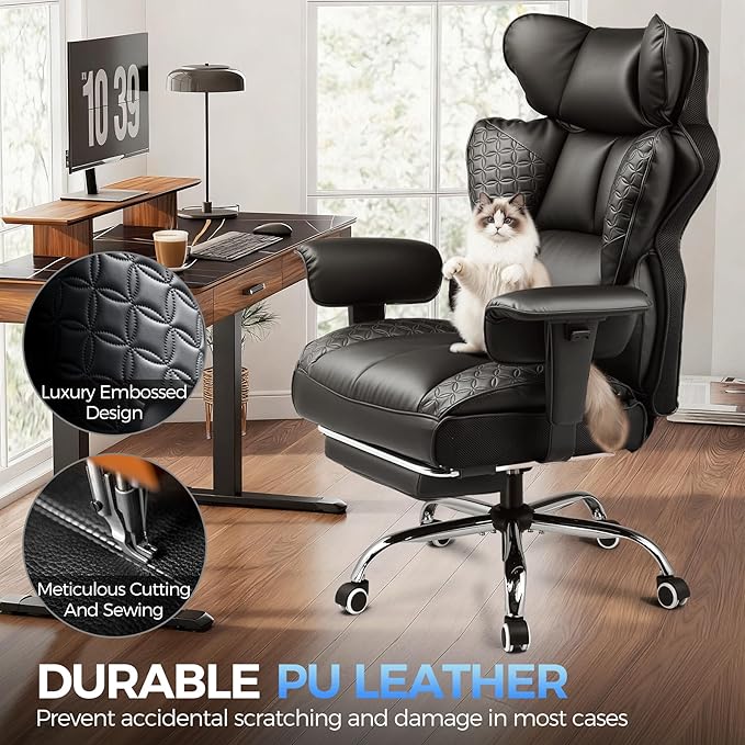 COMHOMA Big and Tall Office Chair Heavy Duty Gaming Chair with Deluxe Embossing Leather High Back Wider Ergonomic Computer Chair with Foot Rest 150°Reclining Pocket Spring Lumbar Support