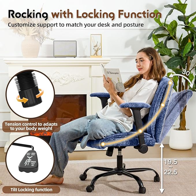 Criss Cross Chair with Wheels & Flip Arms, Wide Cross Legged Office Chair with Adjustable Tilt Criss-Cross Desk Chair with Lumbar Support for Home Office, Bedroom, Apartment Blue