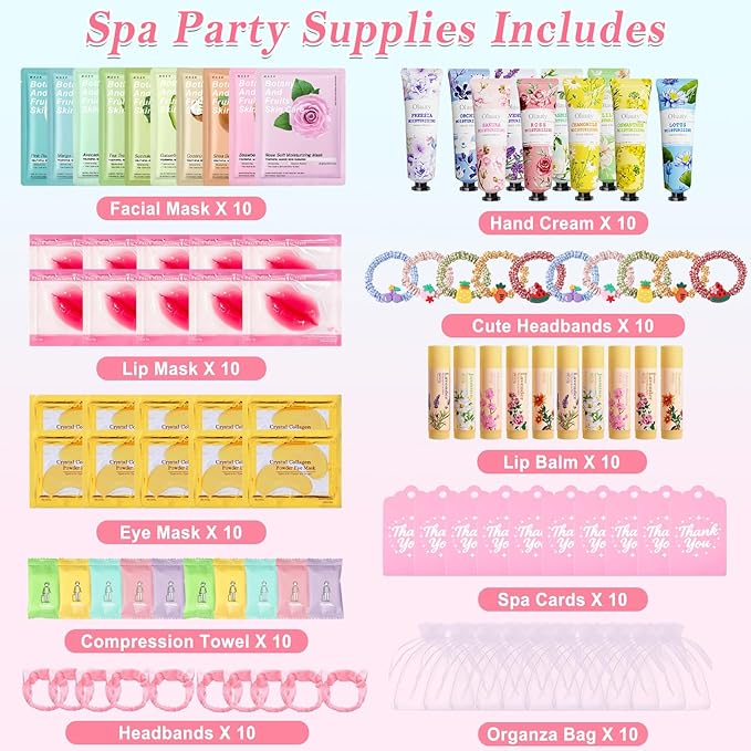 100PCS Spa Party Supplies for Girls 10-12, Bachelorette Spa Party Favors Gifts for Teens Girls 8-12, Face Masks Skincare,Hand Cream,Lip Balm,Eye Patches,Lip Mask, Spa Birthday Sleepover Party Supplies