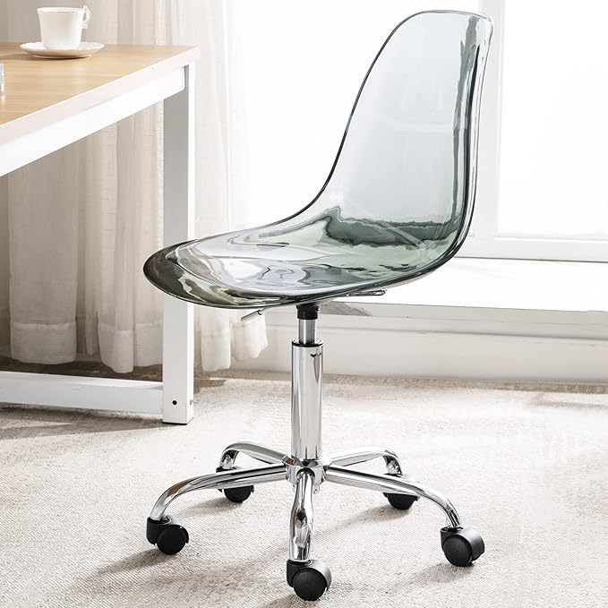 HOMEFUN Clear Desk Chair, Acrylic Rolling Armless Vanity Swivel Height Adjustable Ghost Molded Plastic Home Office Chairs with Wheels, Black
