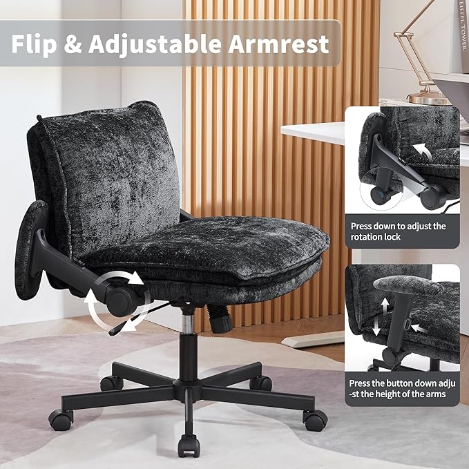 Cross Legged Office Chair, Height Adjustable Swivel Desk Chair with Flip-Up Arms, Padded Criss Cross Chair for Home Office & Bedroom