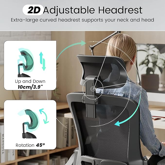 Fizzin Office Chair, Ergonomic Office Chair with High Back Mesh and Adjustable Lumbar Support, Home Mesh Office Desk Chairs with Wheels, Comfortable Gaming Chair for Long Hours (Deep Black)
