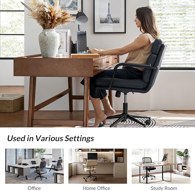 HULALA HOME Modern Faux Leather Home Office Chair with Tilt Lock & Metal Base, Desk Chair with Wheels & Padded Cushion, 360° Swivel Wide Seat Computer Task Chair, Black