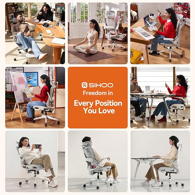 SIHOO B100 Office Chair, Comfy Ergonomic Office Chair, High Back Computer Chair with Adaptive Lumbar Support & Wide Headrest, Flip-up Armrests, Swivel Desk Chair for Long Hours, Grey