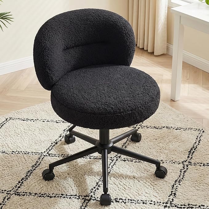 Small Round Desk Chair, Armless Vanity Chair with Wheels, Height Adjustable & 360° Swivel, Cute Comfy Vanity Computer Chair for Bedroom, Home Office, Black