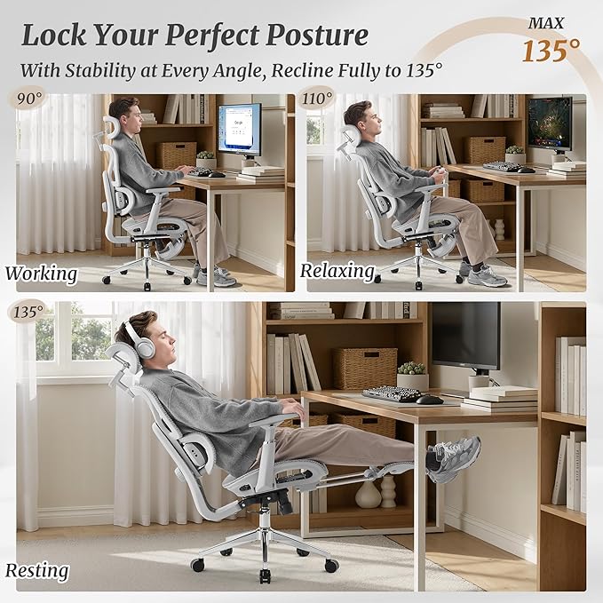 Ergonomic Office Chair with Footrest - 5-Level Adjustable Lumbar Support & 90-135°Recline, 3D Headrest & 4D Armrests, Breathable Mesh Seat Computer Chair for Home Office, Gaming, Light Grey