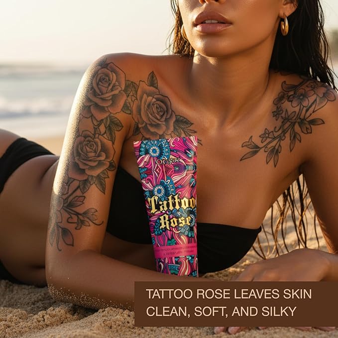 Tattoo Safe Tanning Bed Lotion - Indoor Dark Tanning Accelerator with Fade Protection | Tattoo Color Enhancer & Hydrating Skin Formula (Rose 8.5 Fl Oz)