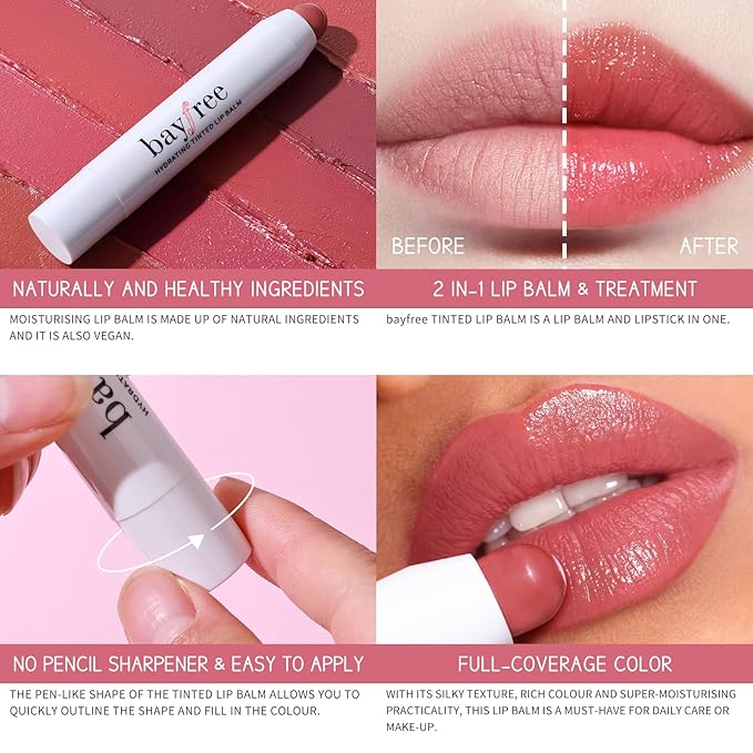 bayfree Tinted Lip Balm Plumper, Glossy, Pump Lips, Lightweight, Moisturize & Tint with Jojoba Seed Oil, Vegan Lipbalm Lip Care, Tang Peony