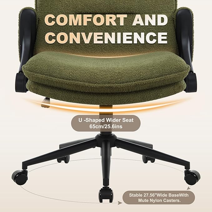 Criss Cross Legged Office Chair with Wheels and Flip-Up Arms, Ergonomic Wide Seat Desk Chair with Thick Padded, Height Adjustable Criss Cross Chairs for Home Office, Bedroom,Apartment,Vanity,Green