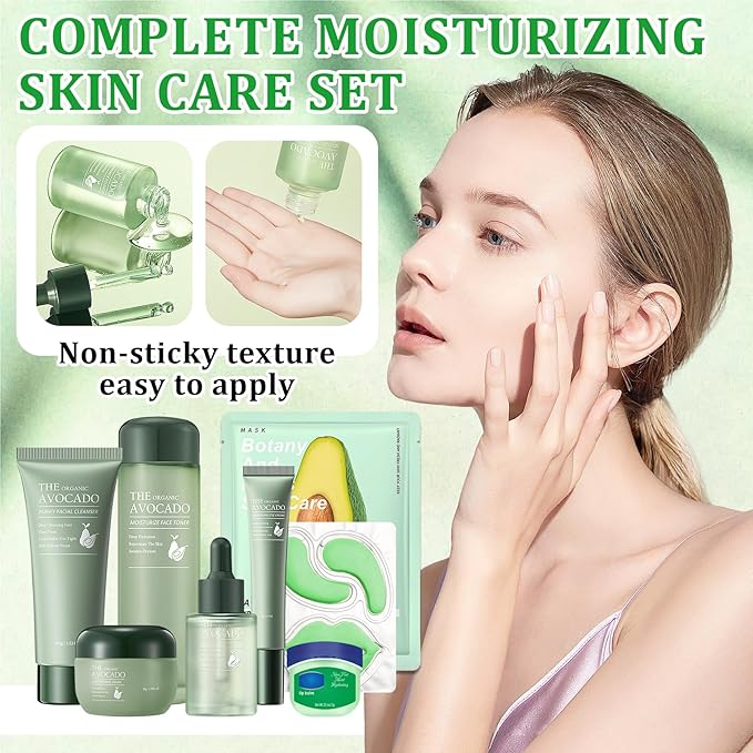 10 Pcs Avocado Skin Care Set with Facial Cleanser,Toner,Face Serum,Face Cream,Eye Cream,Moisturizing Lip Balm,Under Eye Patch and Lip Mask,Hydrating Face Sheet Masks Skin Care Facial Kit for Women