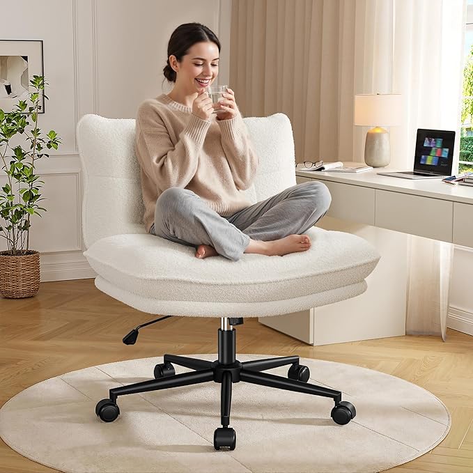 Criss Cross Chair with Wheels, 7" Extra Thick Cross Legged Office Chair, Height Adjustable Swivel Design for Home Office, Study & Vanity,White