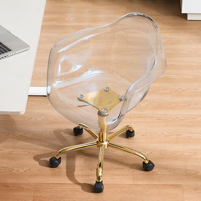 Lessmore Clear Desk Chair, Adjustable Acrylic Home Office Chair with Wheels, Swivel Vanity Rolling Chair Swivel Task Chair for Office, Home, Make Up, Small Space, Bed Room(Gold)