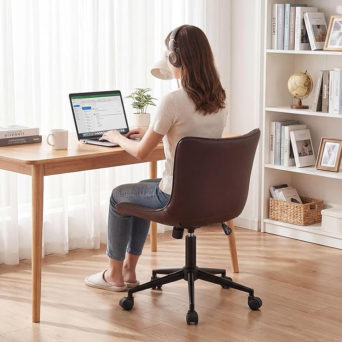 YOUNIKE Office Chair, Armless Desk Chair with Wheels, Home Office Computer Task Chairs, Modern Faux Leather Upholstered Vanity Chair, Adjustable Swivel Rocking Chair with Back, Espresso Brown