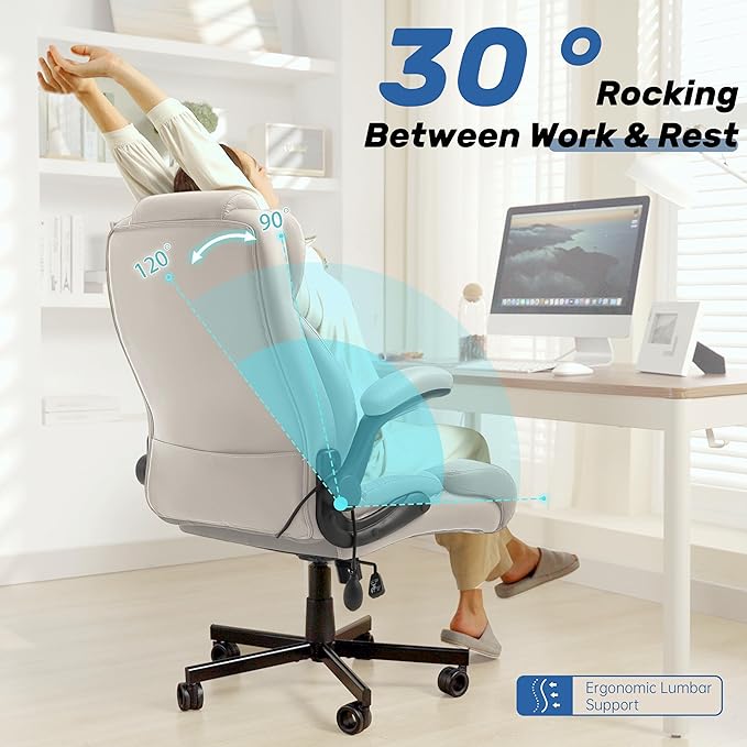 550LBS Big and Tall Office Chair, Comfy Heavy Duty Executive Chair with Adjustable Lumbar Support Double Spaces Casters, PU Extra Wide Seat Ergonomic Computer Desk Chair for Back Pain, BEIGEWHITE