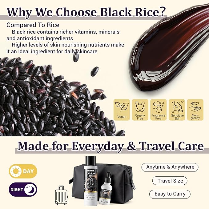 Natural Black Rice Skin Care Routine Set For Women, Anti Aging Face Kit With Face Wash, Toner, Serum, Body Lotion, Cream, Eye Cream, 6 PCS Skin Care Gift Set For All Skin Types, Acne, Fine Lines
