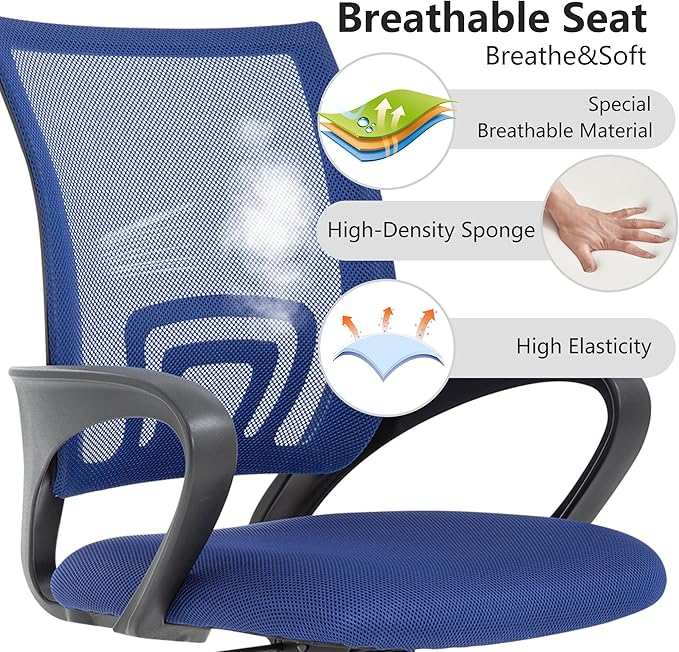 BestOffice | Ergonomic Office Chair | Mid-Back Swivel Desk Chair | Breathable Backrest & Lumbar Support | Adjustable Height | Sponge Seat | Rolling Wheels | Dark Blue | for Adults & Women