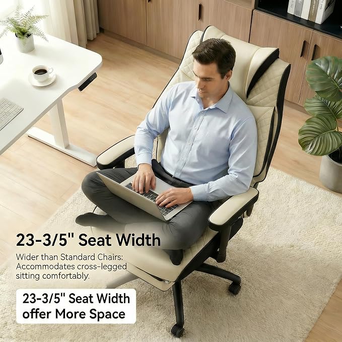 Big and Tall Office Chair 500lbs - 23.6" Extra Wide Seat Ergonomic Executive Chair, Heavy Duty Metal Base High Back Leather Office Chair with Footrest, Lumbar Support & Adjustable Arm, Beige