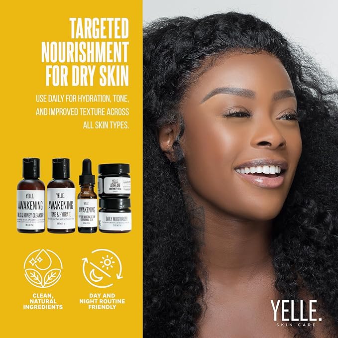Yelle. Skincare – Complete Skincare System – 5-Piece Travel Kit for Hydration, Brightening, and Skin Balance – Includes Cleanser, Toner, Moisturizer, Serum & Eye Cream – For Dry Skin