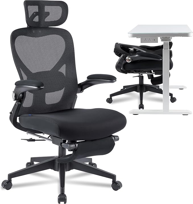 FLEXISPOT Foldex Ergonomic Office Chair, Folding Chair for Small Spaces with Lumbar Support, Flip-up Armrests, 3D Headrest, Desk Chairs with Footrest for Work,Video Game,Gift (Foam Seat, Black)