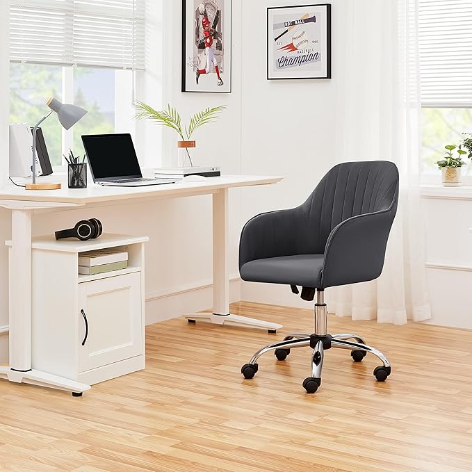 Yaheetech Modern Office Desk Chair Vanity Chair Comfy Upholstered Swivel Rolling Computer Armchair for Makeup Room Living Room Bedroom Dark Gray