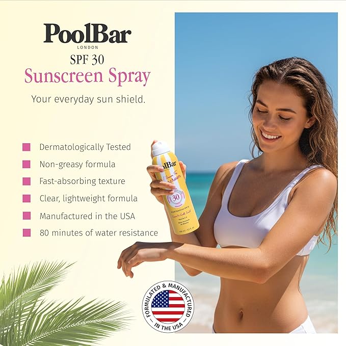 PoolBar SPF 30 Clear Sunscreen Spray – Broad Spectrum UVA/UVB Sun Protection Spray, Lightweight Non-Greasy Formula with Vitamins C and E – Reef Safe, Vegan, Cruelty-Free, Coconut Vanilla Scent