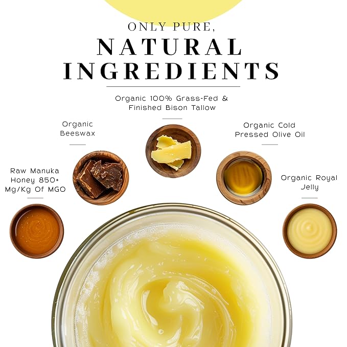 Vanman’s - Tiny Bison Tallow and Honey Balm - Unscented Grass-Fed/Finished Bison Tallow and Manuka Honey Cream with Royal Jelly - For Dry, Delicate Skin - 0.25 oz