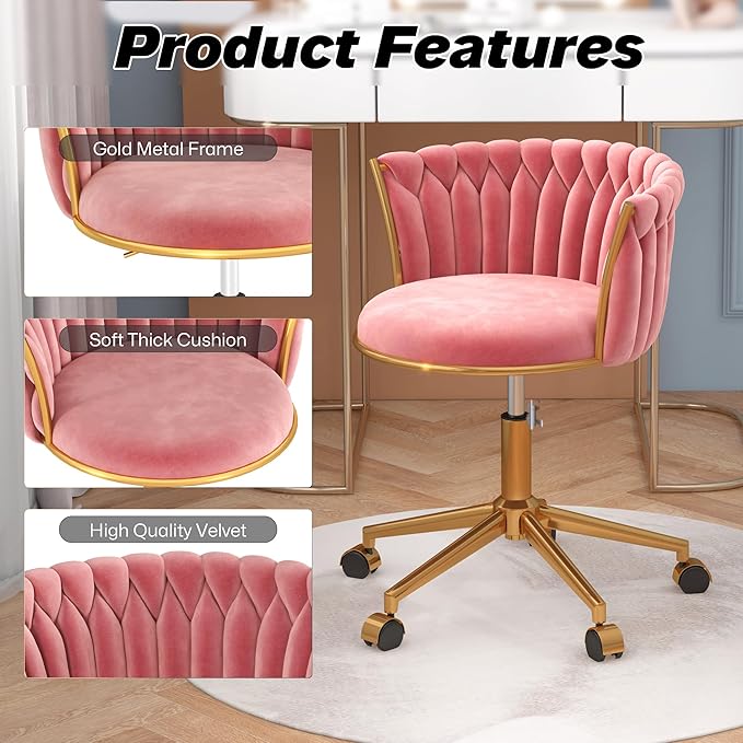 Velvet Woven Home Office Chair, Modern Swivel Desk Chair with Wheels, Height Adjustable Vanity Chair with Gold Metal Base and Hand Weaving Back for Bedroom Study Small Space, Pink