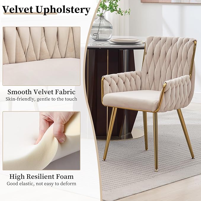 ABET Office Desk Chair No Wheels, Woven Velvet Vanity Chair with Back & Armrest, Comfy Upholstered Cute Gold Metal Legs Makeup Aesthetic Armchair for Girls & Women Bedroom, Nail Spa, Beige