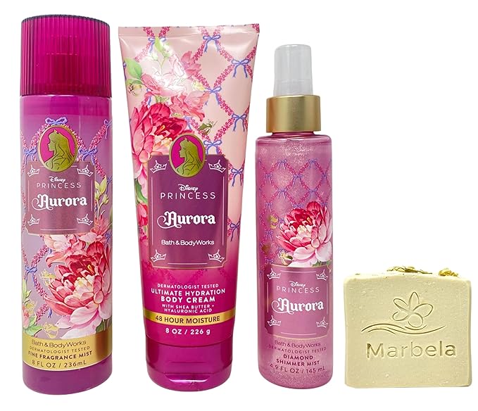 Bath & Body Works Limited Edition Princess Collection Aurora Fine Fragrance Mist, Ultimate Hydration Body Cream and Diamond Shimmer Mist with a Wild Jasmine Bar Soap