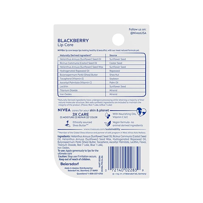 NIVEA Blackberry Lip Care, Tinted Lip Balm with Shea Butter, Nourishing Oils and Vitamin C & E, 3-in-1 Moisture, Repair (for Dry Lips) and Color, 0.17 Oz Stick (Pack of 2)