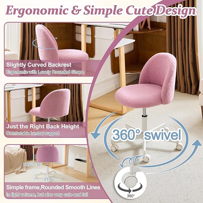 VINGLI Candy Chair Armless Cute Desk Chair,Comfy Small Office Chair with Wheels,Vanity Chair Lumbar Support,Teddy Adjustable Rolling Swivel Computer Task Chair for Home Office,Bedroom,Lilac Purple