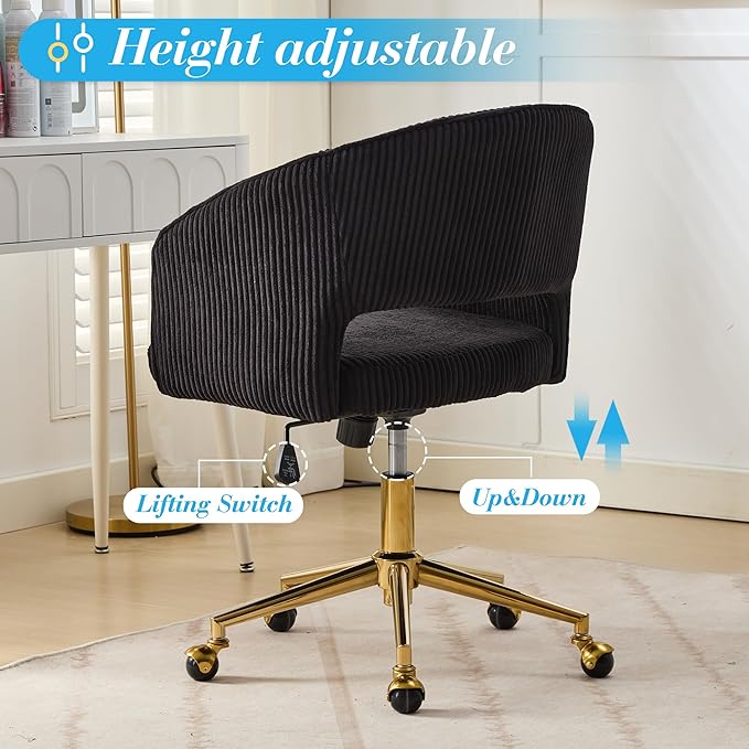 Home Office Chair Swivel Corduroy Fabric Desk Chair Accent Armchair Upholstered Modern Tufted Chairs with Gold Base for Girls Women Ergonomic Study Seat Computer Task Stools for Living Room(Black)