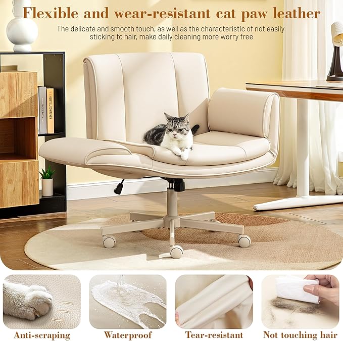 Criss Cross Chair with Wheels & Armrests,Comfy Wide Vanity Chair,Scratch-Resistant Pu Leather Cross Legged Desk Chair,Height Adjustable Computer Office Desk Chairs for Home,Makeup,Bedroom