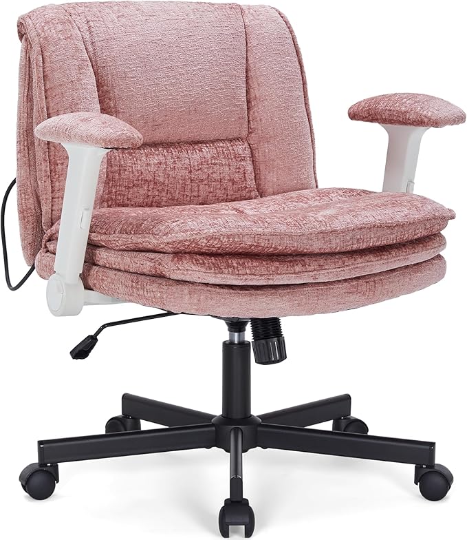 Criss Cross Chair with Wheels and Flip Arms, Upholstered Cross Legged Office Chair with 3 Layer Cushions&Dynamic Airbag Lumbar Support, Wide Seat Comfy Desk Chair for Home Office, Living Room, Pink