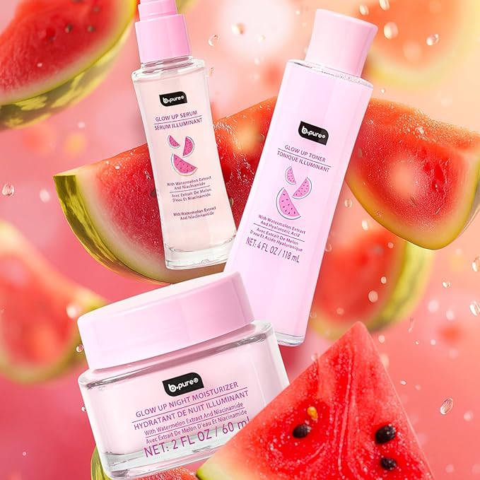 b.pure Glow Up Renewing Skin Care Gift Set - 1 Toner, 2 Renewing Serums, 1 Moisturizer - Hyaluronic Acid, Niacinamide, and Watermelon Extract Kit
