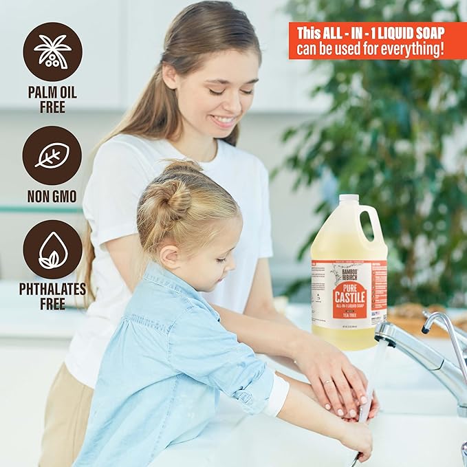 BAMBOO AND BIRCH Pure Castile Soap Liquid, Certified Palm Oil Free Natural Soap, Tea Tree, 64 oz