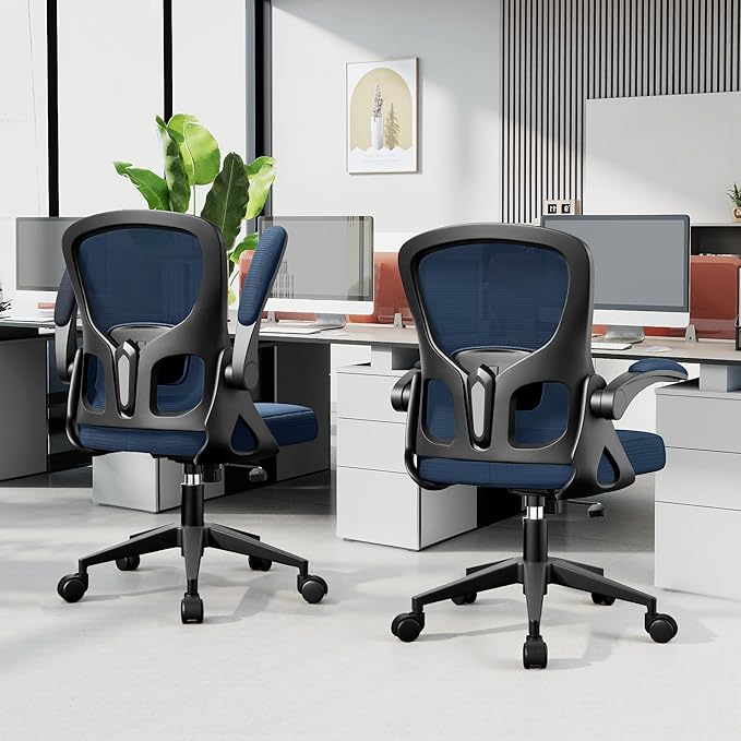 Office Chair Ergonomic Desk Chair, Adjustable Lumbar Support Rolling Swivel Comfy Chair with Space-Saving Flip Up Armrests, Mesh Gaming Chair for Business Work Office & Home,Blue 2pcs