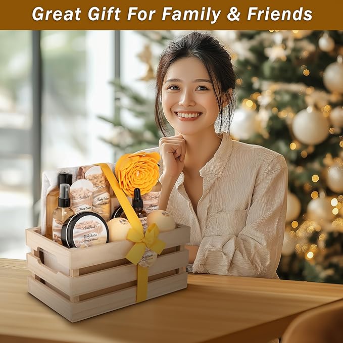 Bath Spa Gift Sets - Luxury Basket With Honey & Almond - Spa Kit Includes Wash, Bubble Bath, Lotion, Bath Salts, Body Scrub, Shower Puff, Bathbombs, Soap and Towel