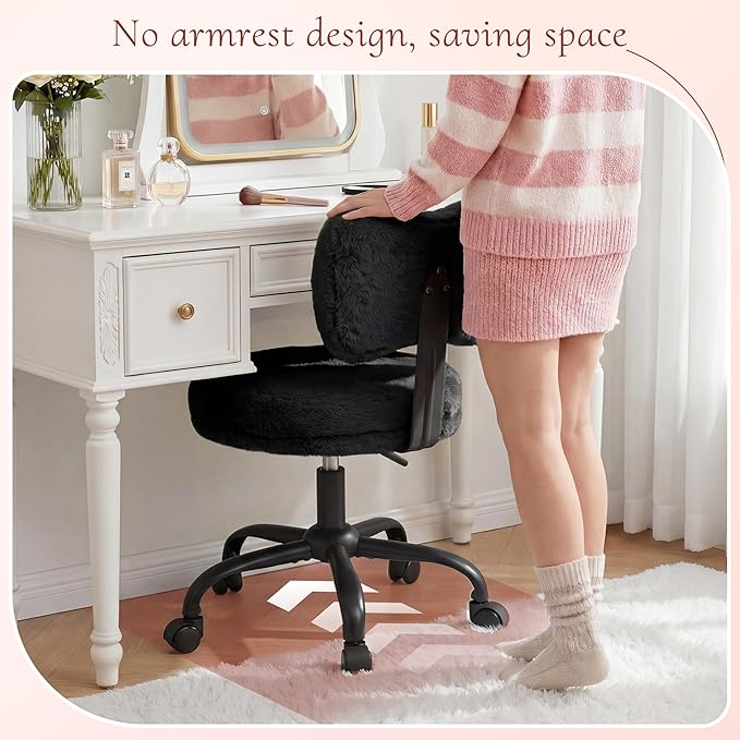 Vanity Chair with Wheels, Cute Desk Chair with Bow Backrest, Fluffy Faux Rabbit Fur Small Office Chair for Vanity, Make-up Room, Bedroom, Dorm, Height Adjustable, Black