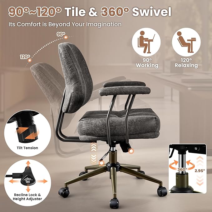 ovios Ergonomic Office Chair, Mid Back Faux Leather Executive Chairs with Thick Cushion, Comfy Mid-Century Modern Swivel Rolling Computer Armchair (Dark Grey, Suede Leather)