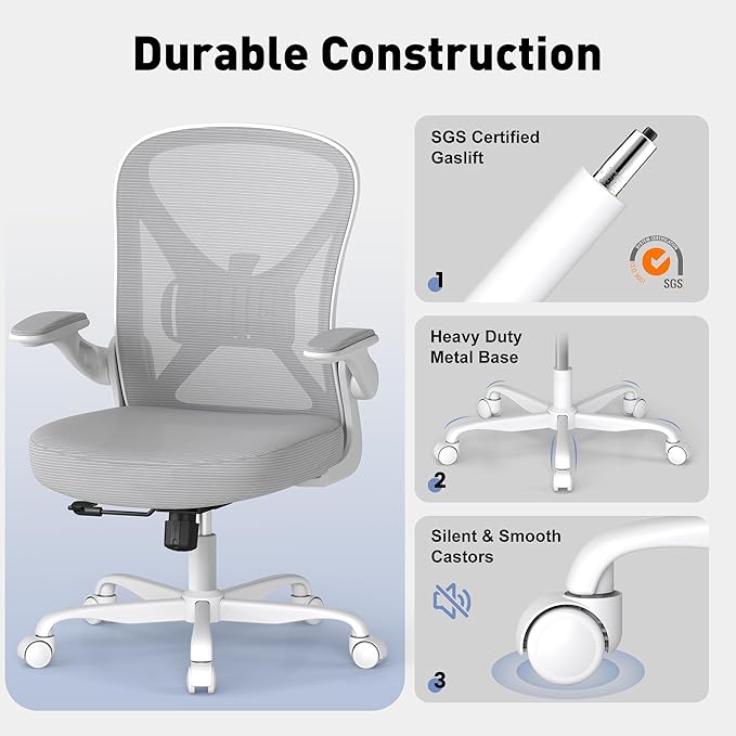 Mesh Office Chair with Adjustable Lumbar Support and Flip-up Arms, Ergonomic Home Office Desk Chair with Wheels, Grey