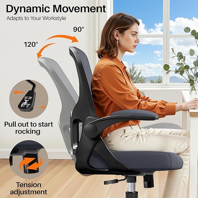Office Chair Ergonomic Desk Chair, Adjustable Lumbar Support Rolling Swivel Comfy Chair with Space-Saving Flip Up Armrests, Mesh Gaming Chair for Business Work Office & Home, Dark Gray 2pcs