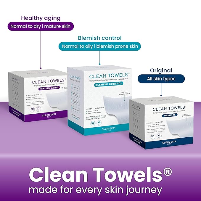 CLEAN SKIN CLUB Healthy Aging Clean Towels® XL, Smooths Fine Lines Wrinkles & Texture, Disposable Face Dry Wipes, XL - 2 Pack (50 count)