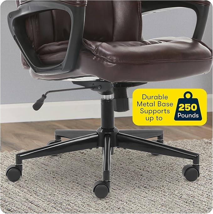 Serta® Hannah Executive Home Office Desk Chair, Ergonomic Mid-Back with Lumbar Support, Firm Seat Cushion, Layered Body Pillows, Padded Armrests, Swivel Base, Easy Assembly, Bonded Leather, Brown