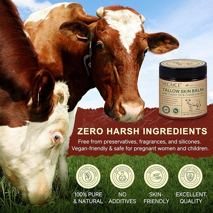 Tallow Skin Balm with Castor Oil & Frankincense, Moisturizing Balm for Face & Body, Helps Support Skin Moisture Barrier