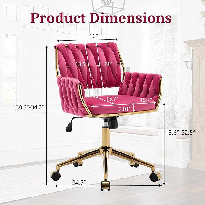 civama Velvet Office Desk Chair with Hand Woven Backrest, 360°Swivel & Height Adjustable Cute Girls Vanity Vlog Chairs, Nail Salon Bedroom Dressing Room Armchair with Gold Base and Wheels (Hot Pink)