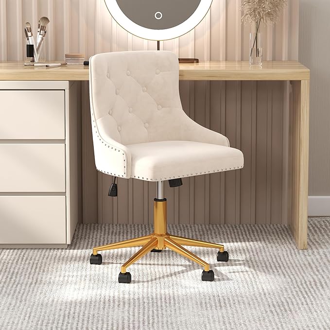 Westice Velvet Desk Chairs, Upholstered Swivel Comfy Makeup Vanity Chair with Tufted Back, Gold Metal Base & Wheels, Height Adjustable Chair for Girls, Bedroom Living Room, Beige