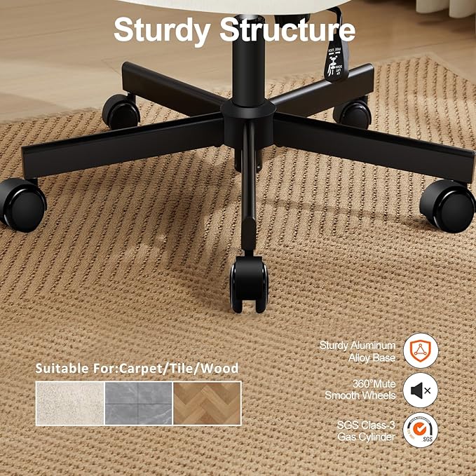 Criss Cross Chair with Wheels,Thick Padded Fabric Cross Legged Office Desk Chair with Pocket Spring Cushion,Dual-Purpose Base,Wide Adjustable Computer Home Office Vanity Chair,Cream White